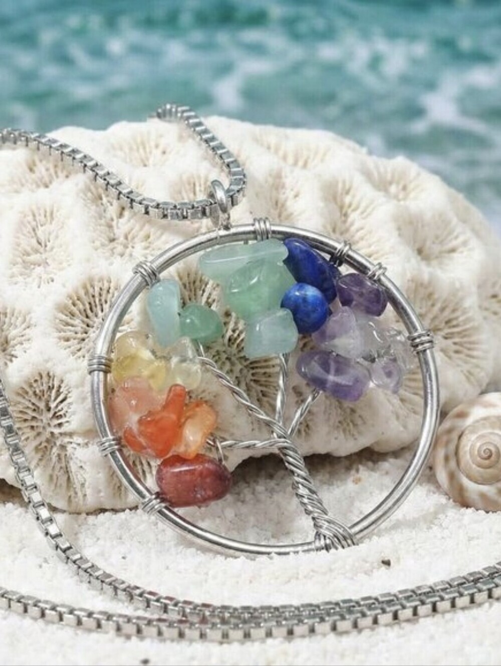 7 Chakra Tree of Life Crystal Pendant Necklace Boho Chic Stainless Steel 19.5"